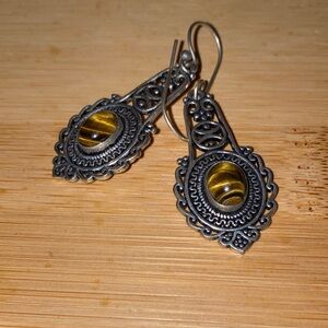 Vintage-Style Tiger Eye Drop Earrings - Silver-Tone